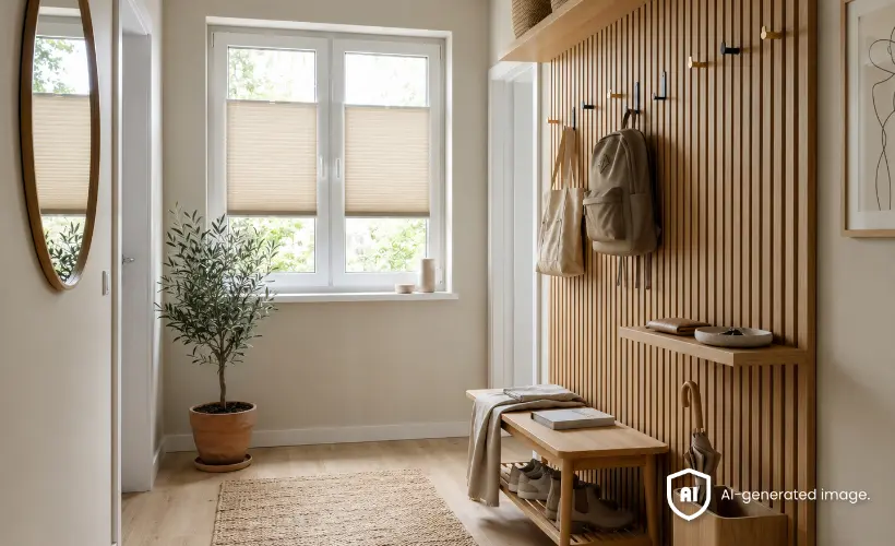 Beige pleated blinds cover a window in a bright hallway with a wooden bench and a slatted wall.