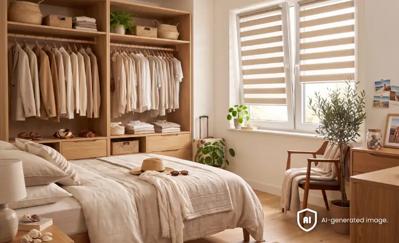 Beige day and night blinds cover two windows in a bedroom with an open wardrobe.