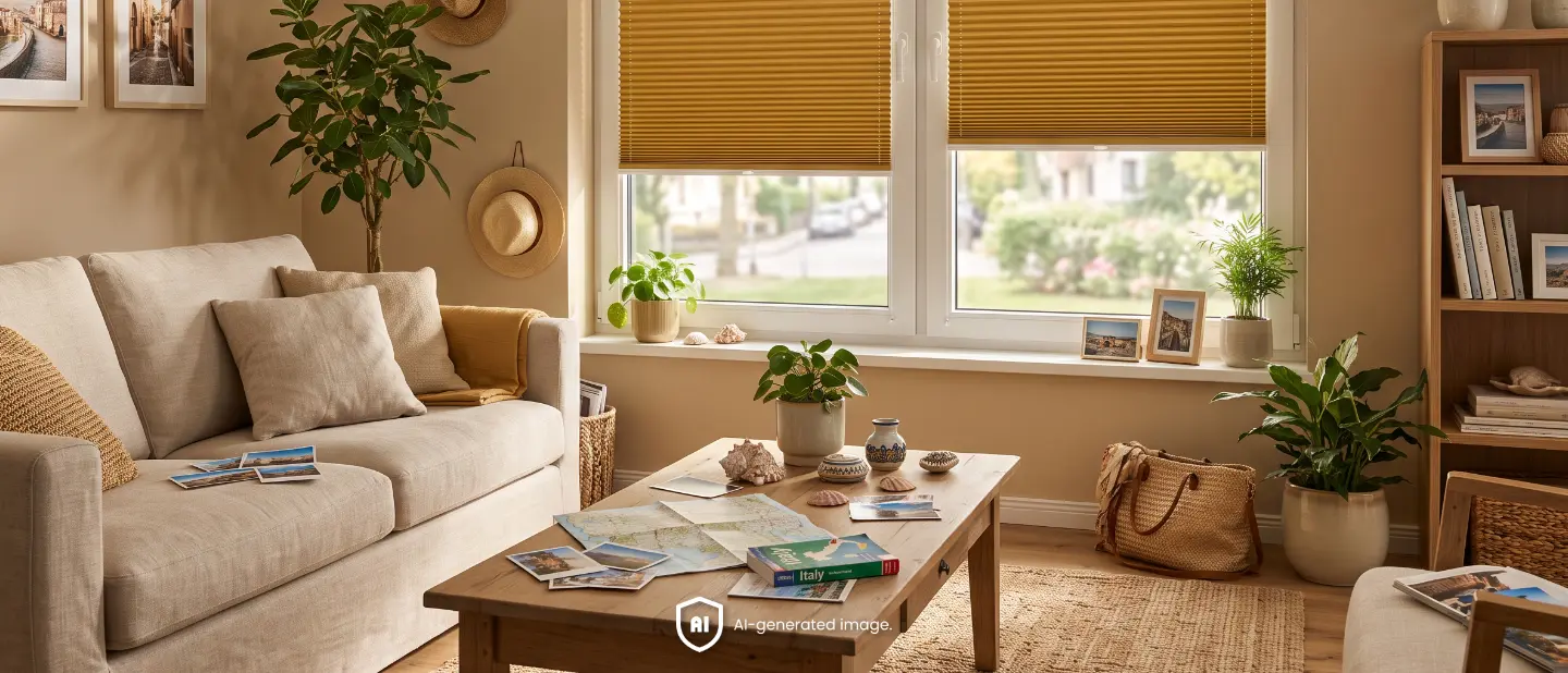 Orange pleated blinds cover the living room windows, while holiday photographs and souvenirs lie on the table.
