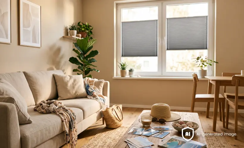 Grey pleated blinds partially cover two windows in a bright living and dining room.