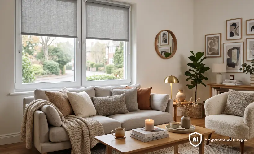 Grey roller blinds cover the windows in a bright living room with a sofa.