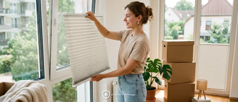 A woman removes a white pleated blind from a window while moving home.