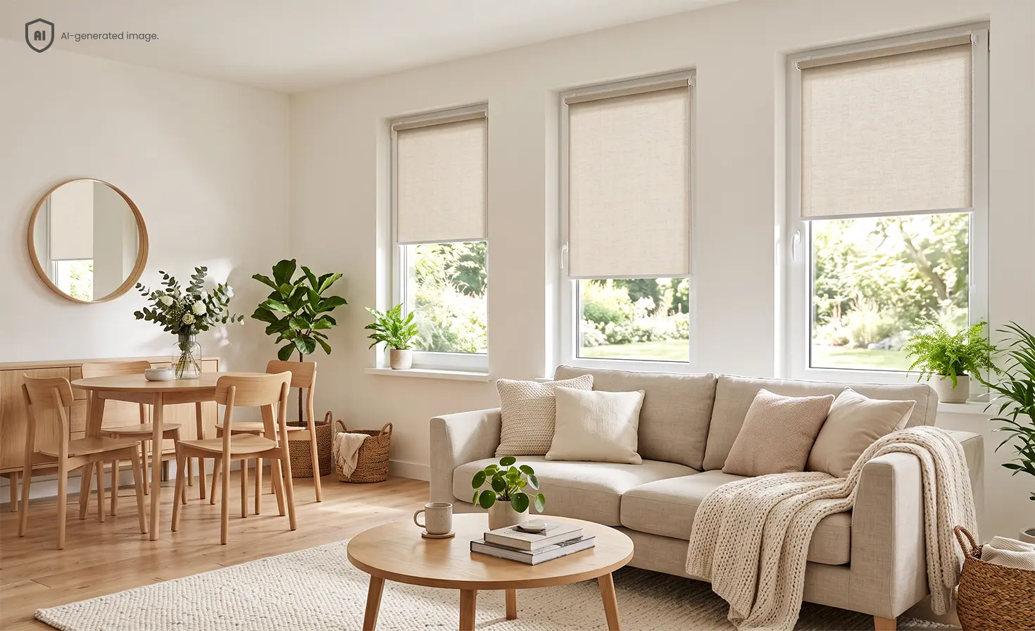 Scandinavian living and dining room with beige fabric roller blinds on three windows.