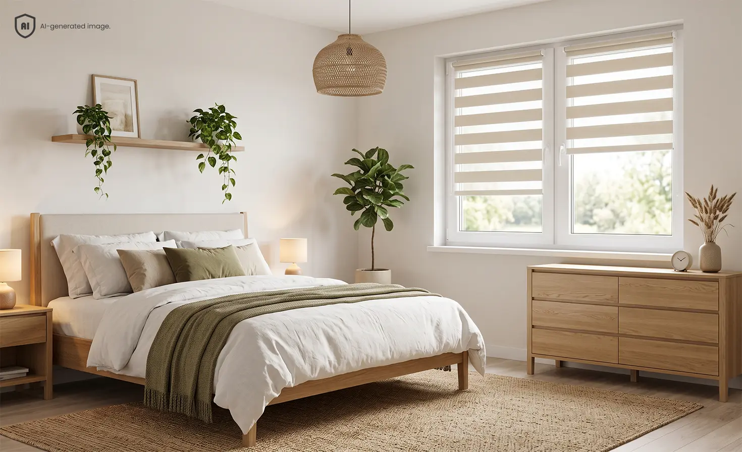 Light bedroom with wooden furniture and beige day and night blinds.
