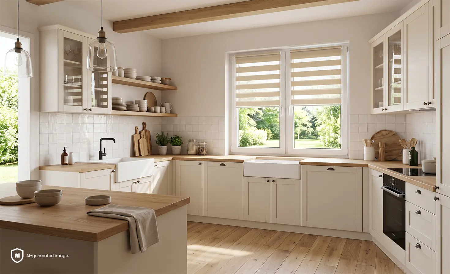 Light kitchen with wooden worktops and a day and night blind at the window.