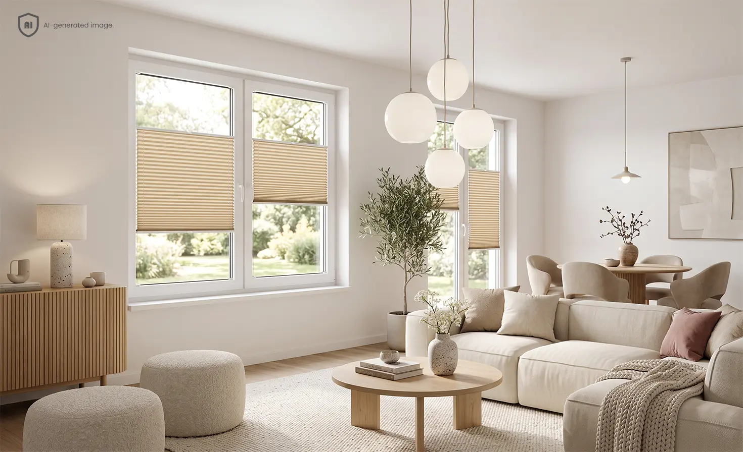 Spacious combined living and dining room with beige pleated window blinds.