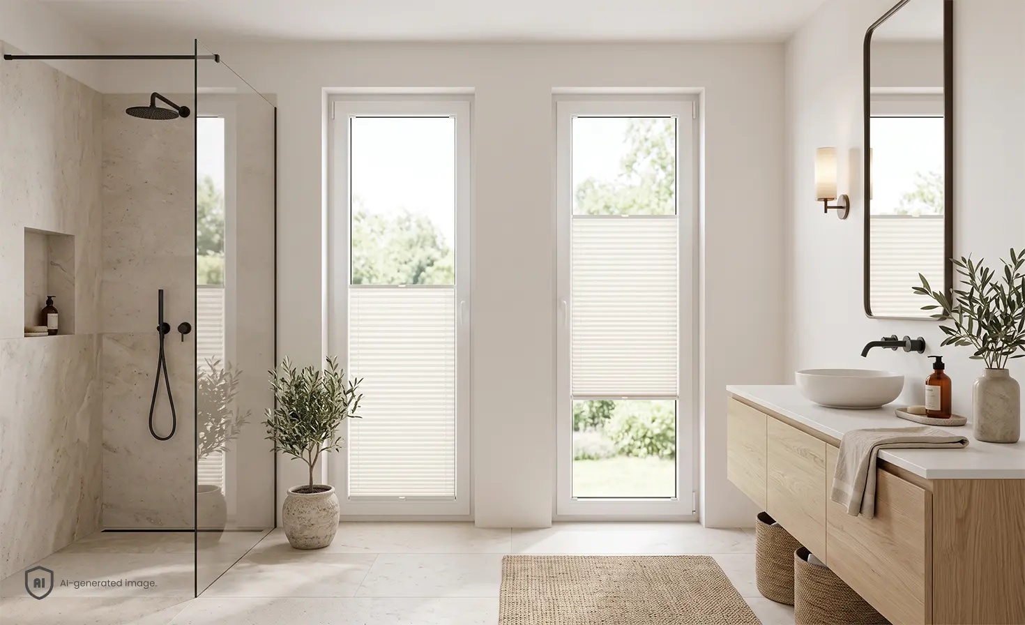 Modern bathroom with a wooden cabinet and light pleated blinds covering part of the windows.
