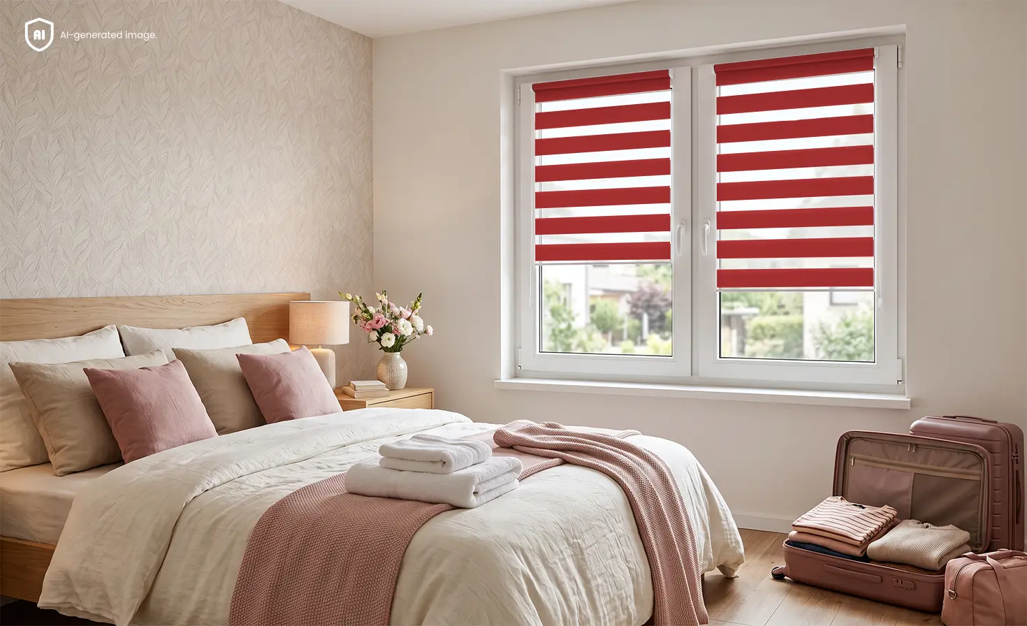 Small, cosy guest bedroom with a raspberry mousse day and night blind at the window