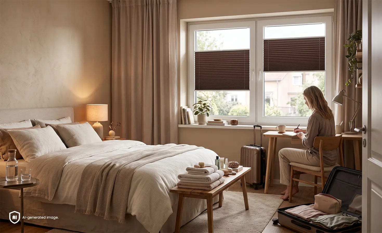 A woman sitting at a desk in a brown guest bedroom with pleated blinds at the window