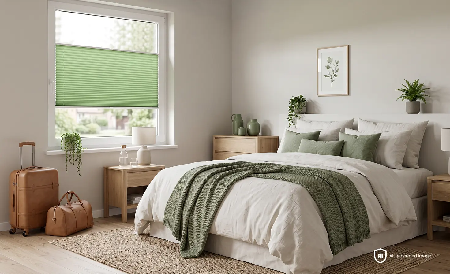 Cosy guest bedroom with a large bed, green accents and a pistachio-coloured standard pleated blind at the window