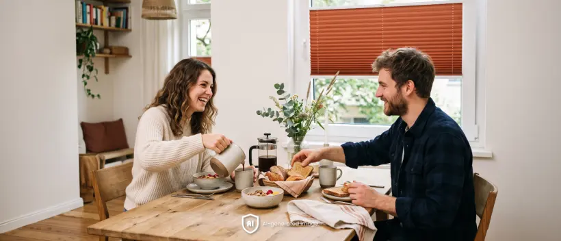 A couple eating breakfast at a kitchen table, with an orange pleated blind on the window in the background