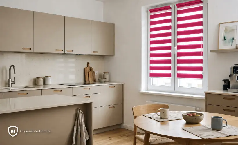 A large beige kitchen with raspberry mousse day and night blinds on the windows