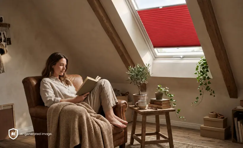 A woman reading in an armchair in a loft room, with a red pleated blind on the roof window