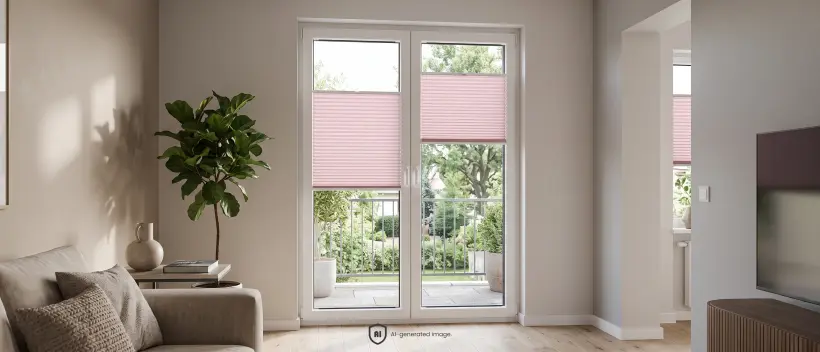 Large, bright and spacious living room with a balcony door and powder-pink standard pleated blinds