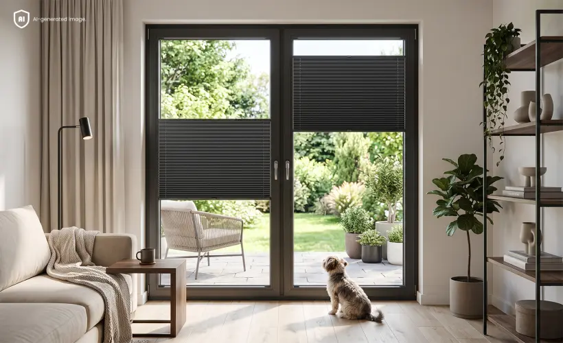 Dog sitting beside a dark balcony door with black pleated blinds