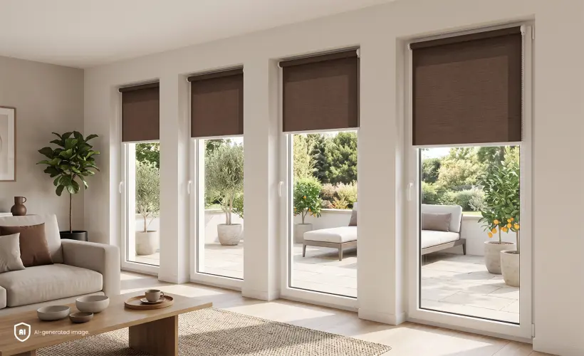 Four patio doors with chocolate-brown roller blinds