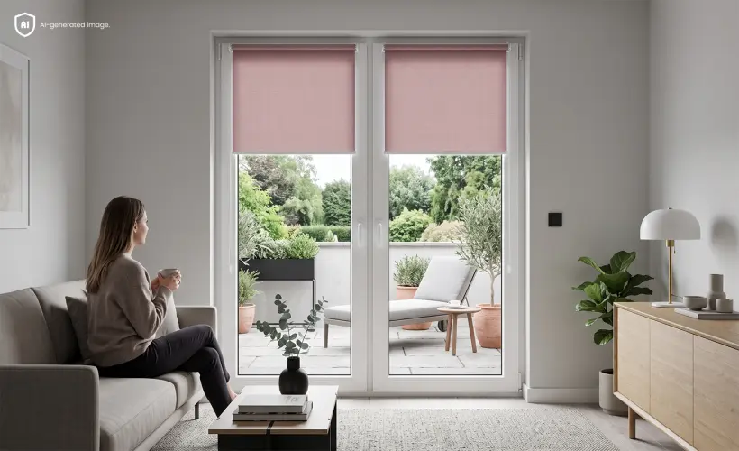 Woman sitting on a sofa and looking through a balcony door