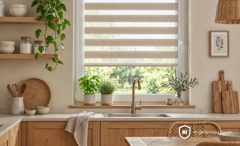 Window above a kitchen sink with a beige day and night blind