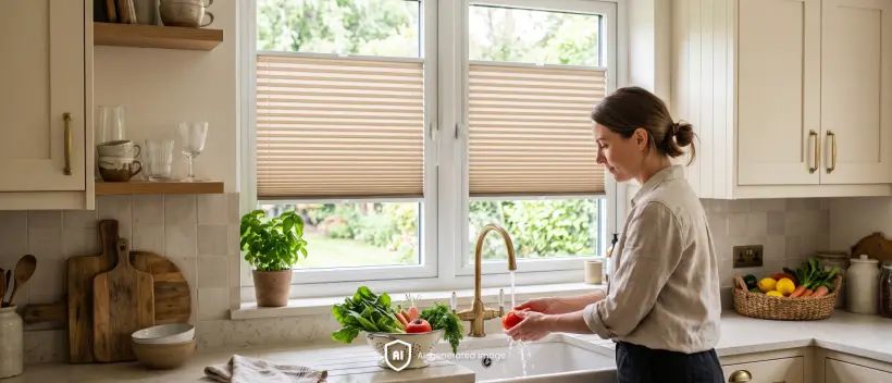 Woman washing fruit in a kitchen sink beside a window