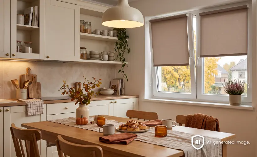 Cosy kitchen decorated for autumn with cinnamon rolls and tea on the table