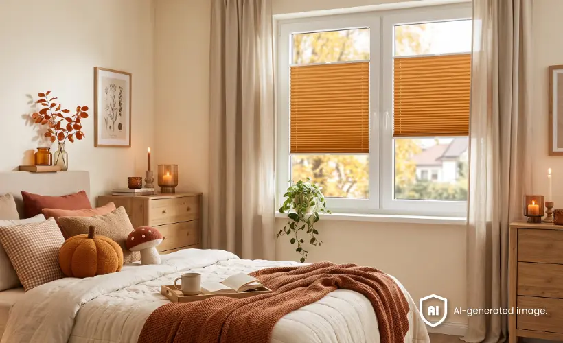 Cosy, atmospheric bedroom decorated in autumnal shades of orange