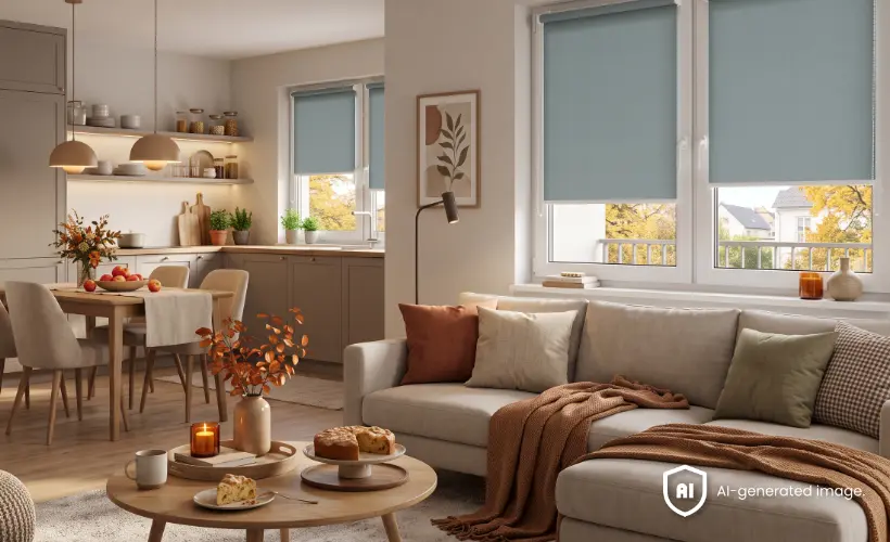 Cosy open-plan living room and kitchen with autumn decorations