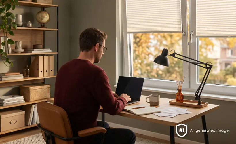 Man working at a computer in a home office