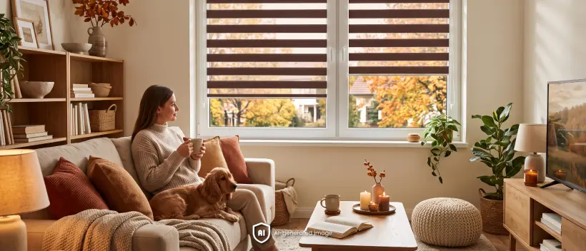 Woman sitting on a sofa in the living room with a dog and looking out of the window