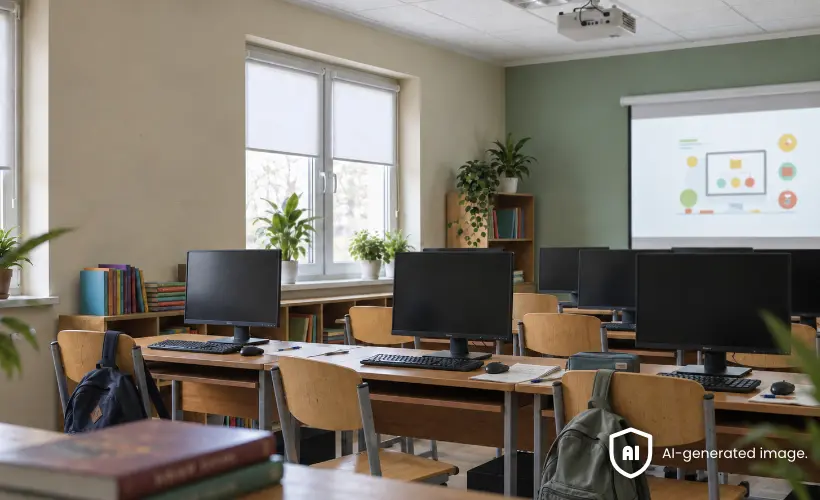 School computer room with monitors and light-coloured roller blinds on the windows.
