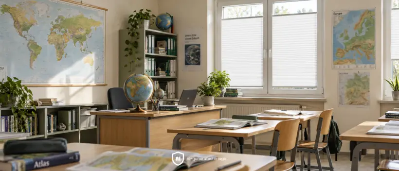 Geography classroom with maps, globes and white pleated blinds on the windows.