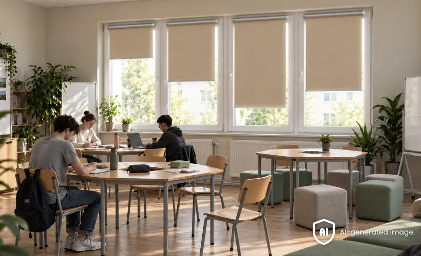 Group-work classroom with tables, chairs and beige roller blinds on large windows.