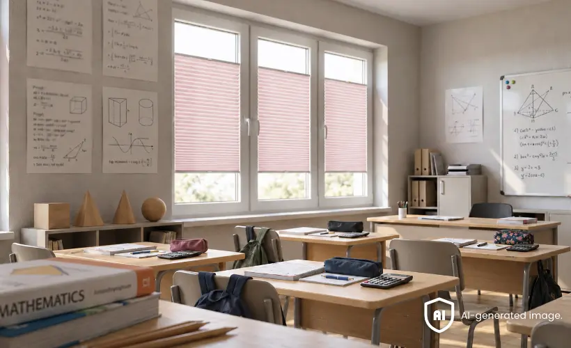 Maths classroom with desks, a board and pink pleated blinds on the windows.