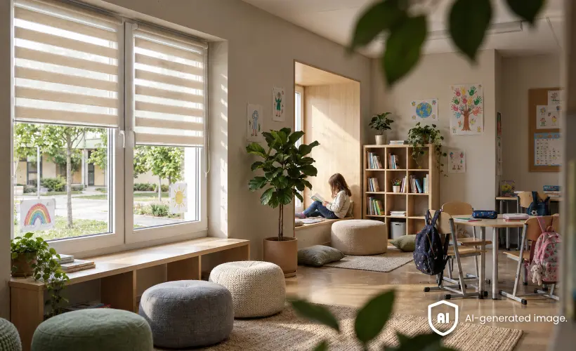 Relaxation area in a school corridor with seating and light-coloured day and night blinds on the windows.