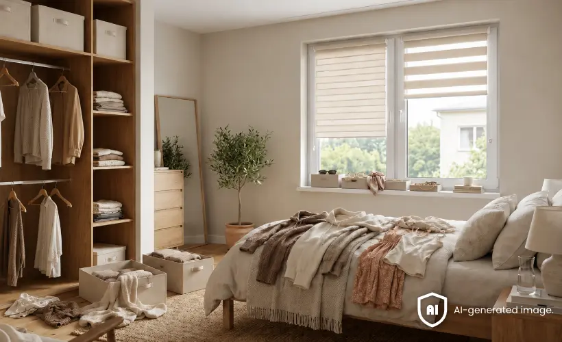 Bedroom with an open wardrobe, bed and clothes ready to be organised, with a beige roller blind and a day and night blind on the windows.