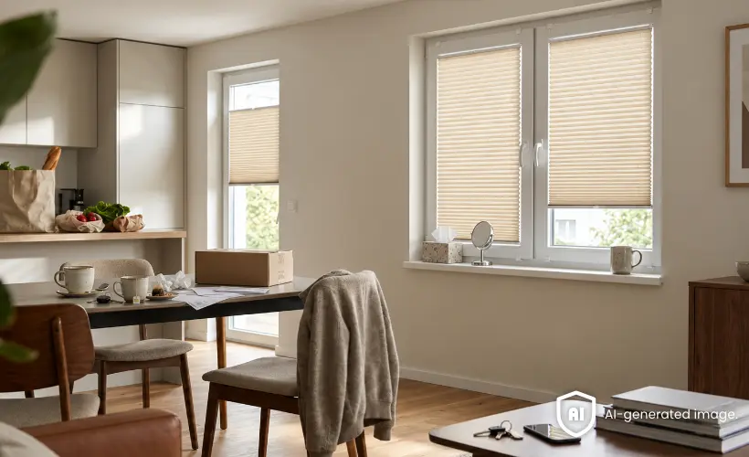 Bright dining room with a wooden table and chairs, beige pleated blinds on the windows, and a bag, cardboard box and small items left on the table to be tidied away.