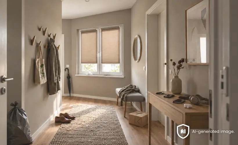 Bright hallway with beige roller blinds on the window, a bench, wall hooks and a console table, with clothes, a parcel and other items left to be tidied away.