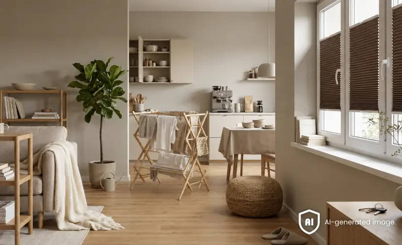 Bright living room connected to a kitchen area, with brown pleated blinds on the windows, wooden furniture and a clothes airer with laundry positioned in the middle of the room.