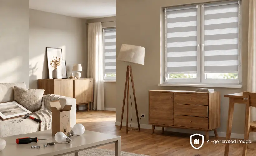 Living room with day and night blinds during home repairs.