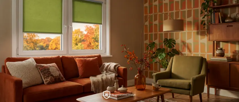 Modern, cosy living room in the Mid-Century Modern Autumn style with a green blackout roller blind at the window