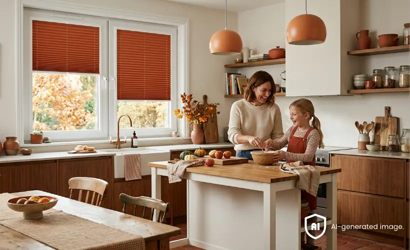 Mother and child cooking in a kitchen decorated in the Mid-Century Modern Autumn style