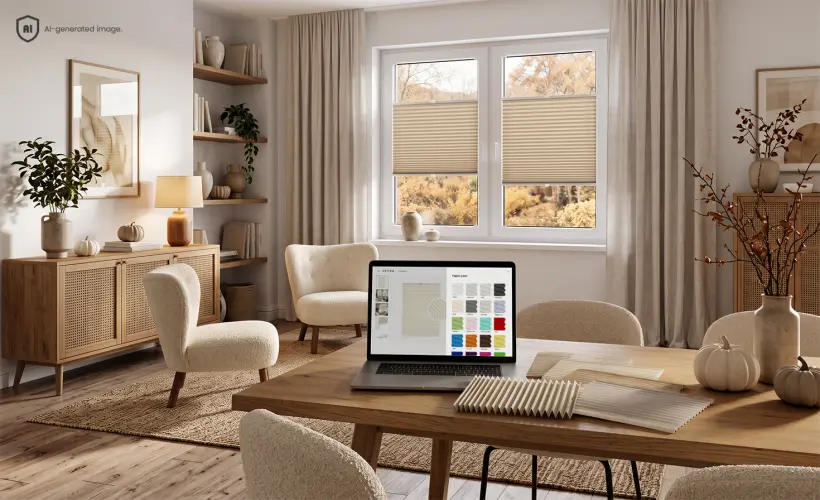 Beige pleated blinds on a window in a bright living room, with fabric colours displayed on a laptop and a real fabric sample beside it on a wooden table.