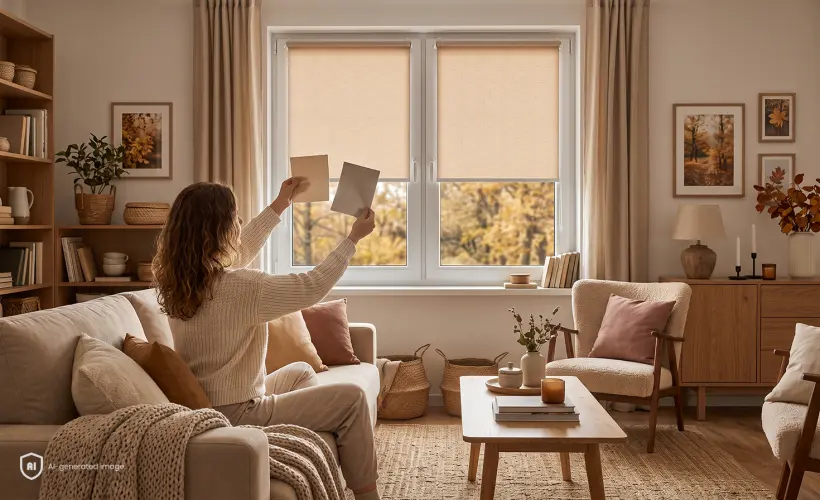 A woman sitting on a sofa in an autumn-themed living room compares samples of standard and blackout fabrics.
