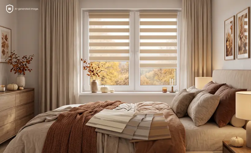 Beige day and night blinds on a window in a cosy bedroom decorated with autumn accessories.