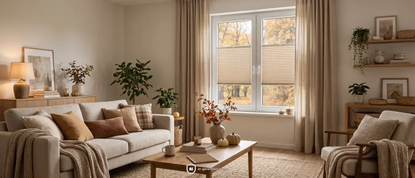 Beige pleated blinds covering the middle section of a window in a living room decorated in natural colours.
