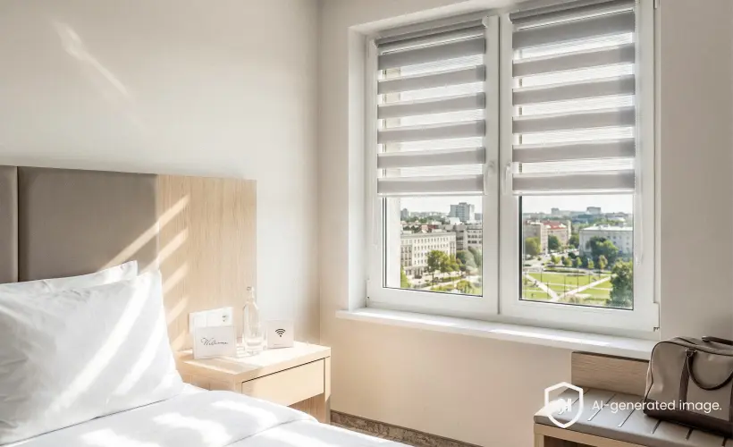 Grey day and night blinds on a double-casement window in a bright bedroom with wooden furniture.