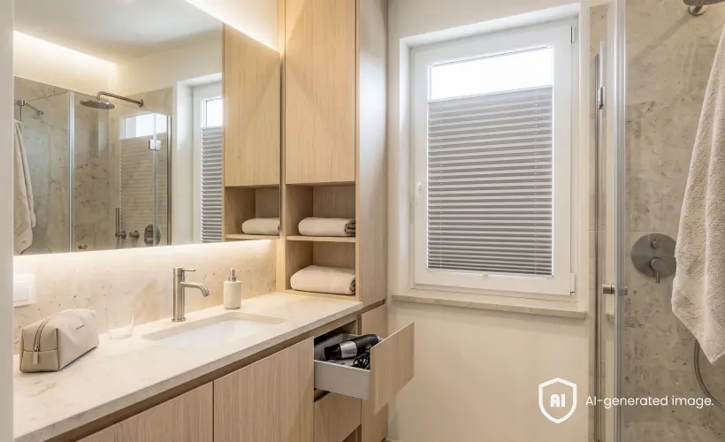 Grey pleated window blind in a bright bathroom with wooden cabinets, a washbasin and a glass-enclosed shower.