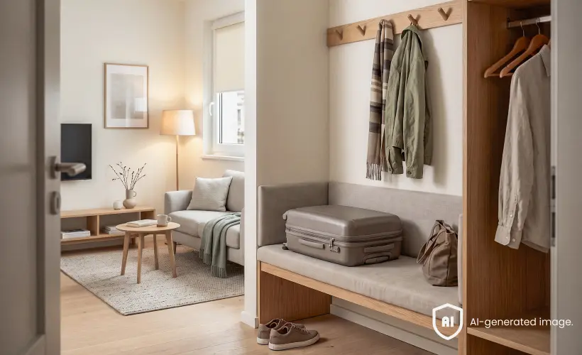 Bright hallway with wooden coat storage, an upholstered bench and a view into a living room with a grey sofa.