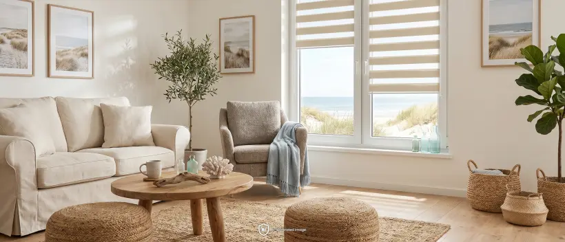 Bright, cosy living room in a coastal style with beige day and night blinds on the window