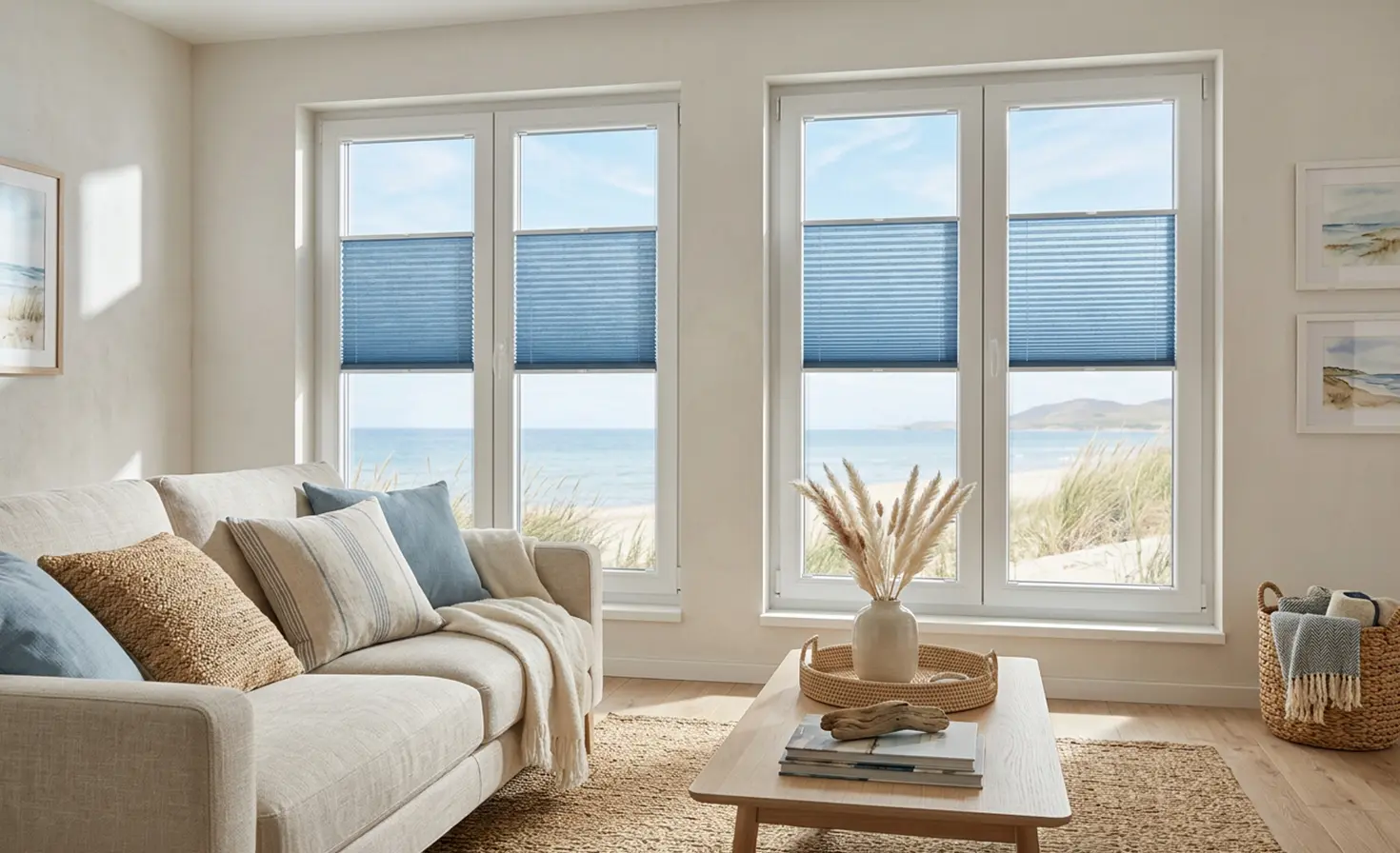 Small living room in a coastal style with blue standard roller blinds on the windows
