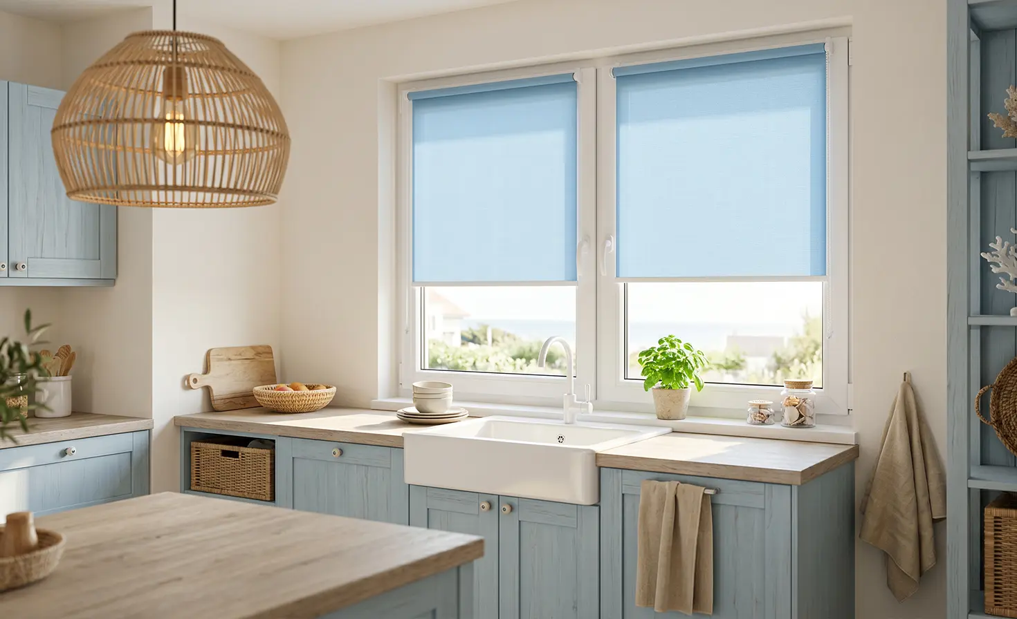 Blue, small kitchen in a seaside style with blue standard roller blinds on the window